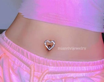 14G Sparkly Heart Belly Button Ring/ Heart Reverse Belly Ring/ Heart Top-Down Belly Bar/ Shiny Belly Ring/ CZ Belly Piercing/ Body Jewelry