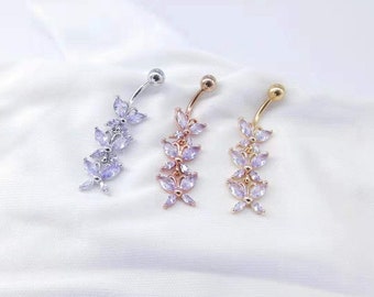 14G Surgical Steel Purple Butterfly Belly Ring/ Dangle Belly Ring/ Butterfly Navel Ring/ Navel Piercing/ CZ Belly Jewelry/ Belly Button Bar