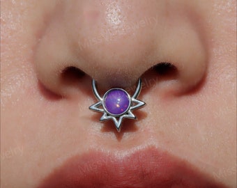 16G 316L Steel Purple Opal Sun Septum Ring/ Hinged Septum Hoop/ Opal Septum Ring/ Steel Septum Clicker/ Opal Nose Ring/ daith 1.2*8/10mm