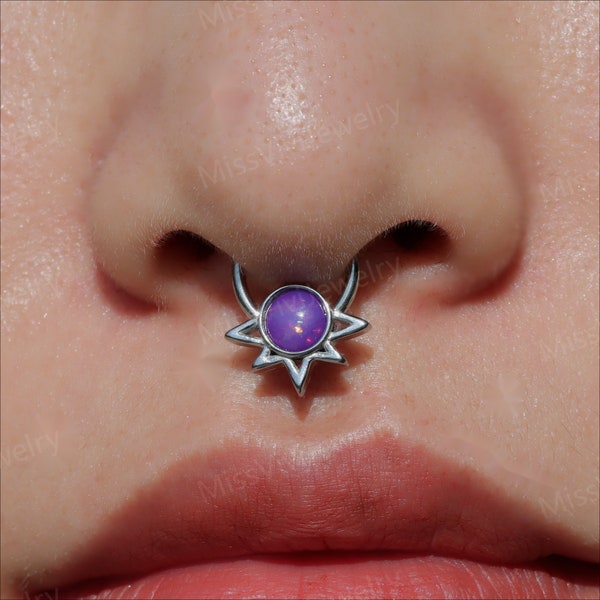 16G 316L Steel Purple Opal Sun Septum Ring/ Hinged Septum Hoop/ Opal Septum Ring/ Steel Septum Clicker/ Opal Nose Ring/ daith 1.2*8/10mm