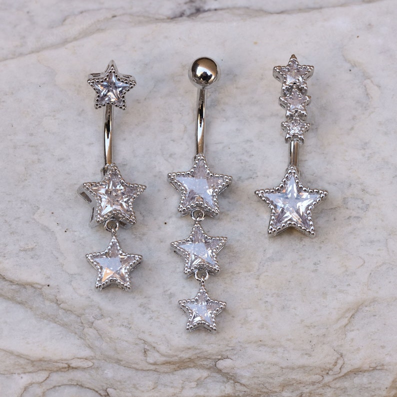 14G Surgical Steel Star Belly Button Ring/ Star Dangle Belly Piercings/ CZ Navel Ring/ Star CZ Belly Button Bar/ Navel Piercing Jewelry 3pcs Pack