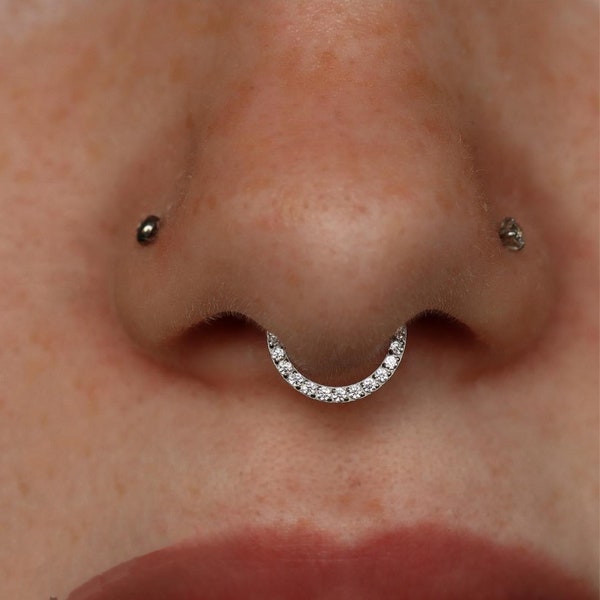 Anneau de septum articulé en titane 16G F136/Cliqueur de septum CZ face avant/anneau de septum argent/boucle d'oreille Daith/anneau de septum/anneau de segment 1,2 * 8/10/12 mm