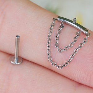 16G ASTM F136 Internally Threaded Hidden Helix Chain/ Flat Back Earring/ Dangle Helix Stud/ Titanium Helix Earring/ 1.28mm Silver/ Gold Silver