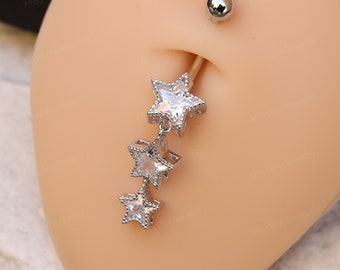 14G Surgical Steel Star Belly Button Ring/ Star Dangle Belly Piercings/ CZ Navel Ring/ Star CZ Belly Button Bar/ Navel Piercing Jewelry