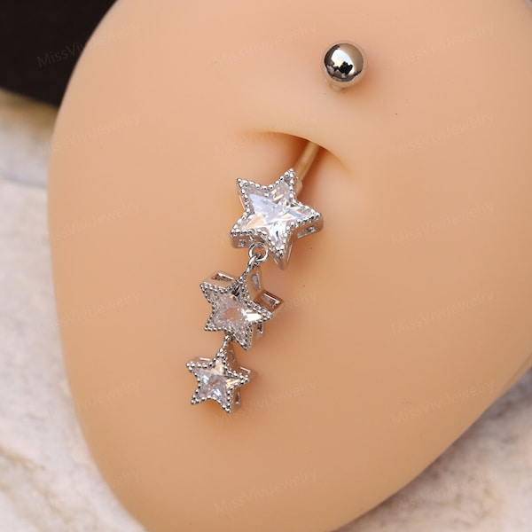14G Surgical Steel Star Belly Button Ring/ Star Dangle Belly Piercings/ CZ Navel Ring/ Star CZ Belly Button Bar/ Navel Piercing Jewelry