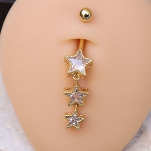 14G Surgical Steel Star Belly Button Ring/ Star Dangle Belly Piercings/ CZ Navel Ring/ Star CZ Belly Button Bar/ Navel Piercing Jewelry 2