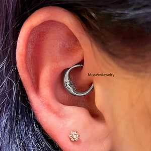 16G F136 Titanium Moon Face Daith Earring Hoop/ Daith Piercing Jewelry/ Hinged Daith Hoop/ Daith Clicker Silver/ Daith Jewelry 1.28/10mm image 1