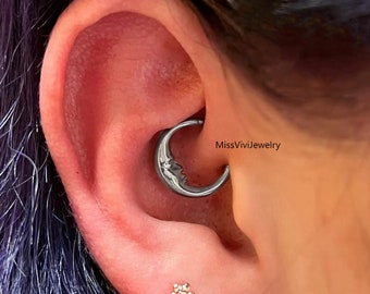 16G F136 Titanium maan gezicht Daith oorbel hoepel / Daith piercing sieraden / scharnierende Daith hoepel / Daith Clicker zilver / Daith sieraden 1,2 * 8/10 mm