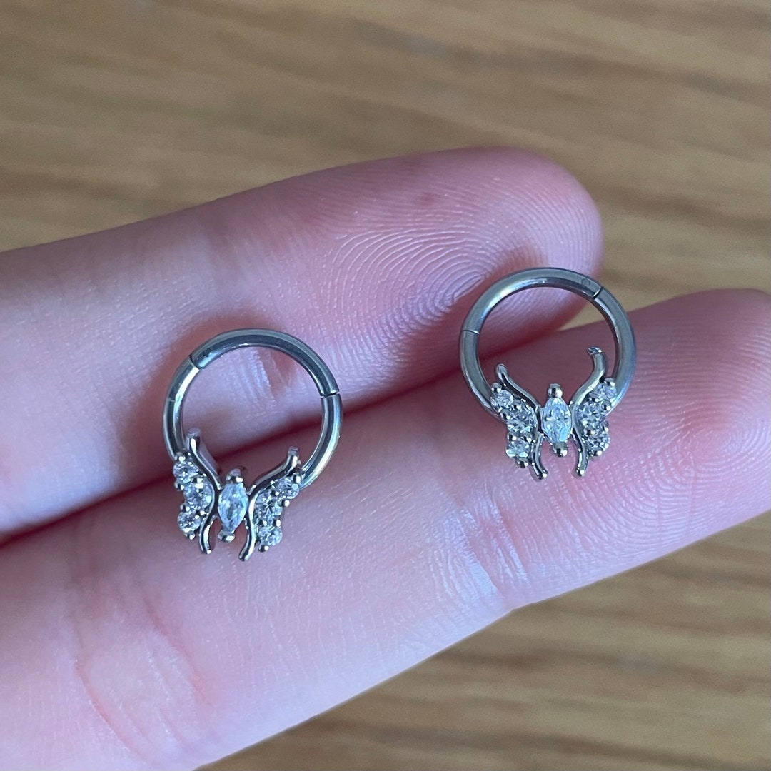 16G 316L Steel Butterfly Septum Clicker/ CZ Butterfly Hinged Hoop