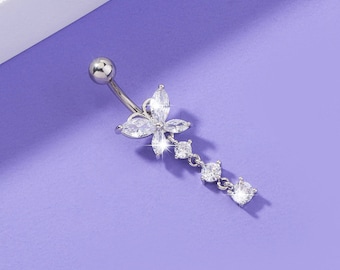 14G Surgical Steel Cystal Butterfly Belly Rings / Zircon Dangle Navel Ring / Butterfly Belly Piercing / Belly Button Bar / CZ Butterfly Jewelry