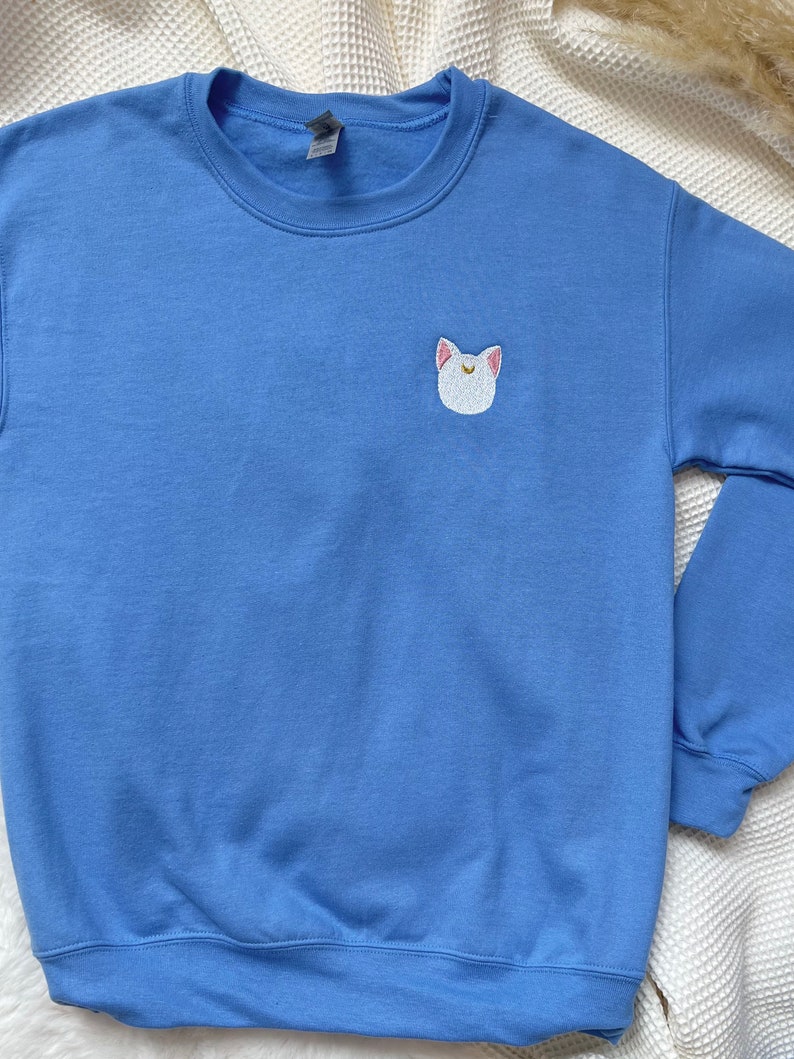 White Moon Cat Embroidered Anime Sweater. Minimalist - Etsy