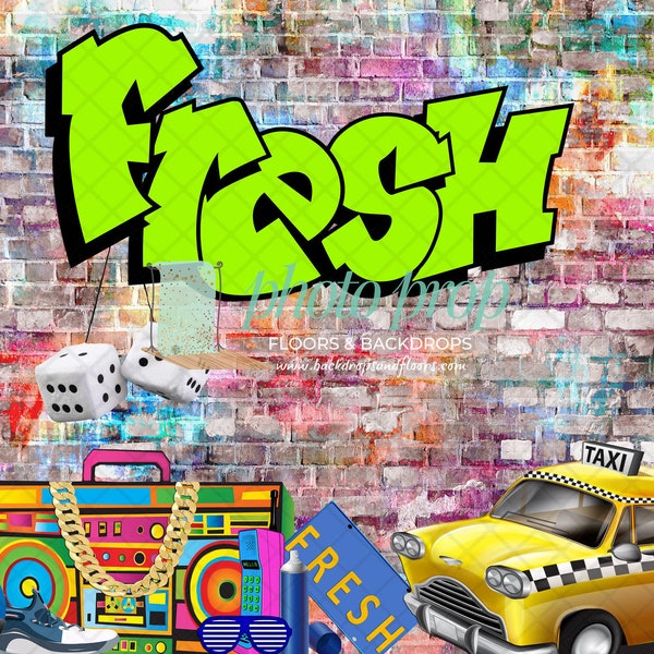 90's Photography Backdrop - Graffiti, Boombox, Fresh, Spray Paint, Taxi, 90s, Bel Air, Urban, City, Street, Skater, Sneakers, Cake Smash