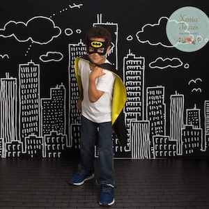 Night Chalkboard Super Hero Cityscape Photography Backdrop - City, Buildings, Skyscrapers, Party, Photo Booth, Birthday, Event, Cake Smash