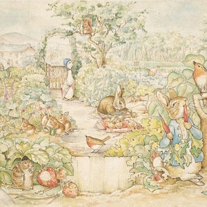 May include: A charming watercolour illustration depicting a garden scene. It features rabbits, birds, and squirrels, with a rabbit in a blue jacket eating carrots. A duck-like figure stands near a gate, with a house in the background.