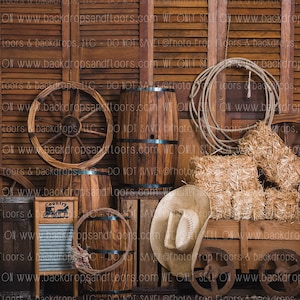 Western Photography Backdrop - Cowboy Hat, Ropes, Lassos, Barrels, Hay, Ranch, Wagon Wheel, Rodeo, Wild West, Country, Outlaws, Barn, Stable