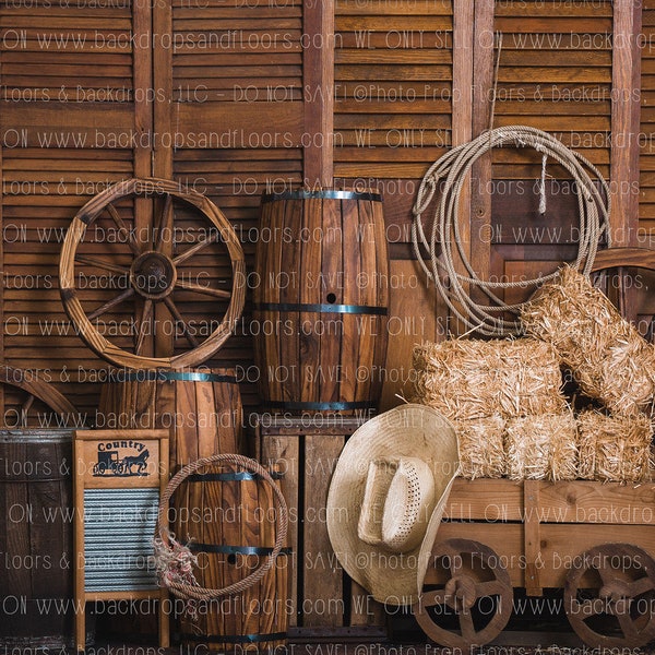 Western Photography Backdrop - Cowboy Hat, Ropes, Lassos, Barrels, Hay, Ranch, Wagon Wheel, Rodeo, Wild West, Country, Outlaws, Barn, Stable