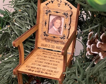 Rocking Chair Memorial Ornament - Christmas in Heaven - Photo Frame Insert - Engraved Hardwood Keepsake