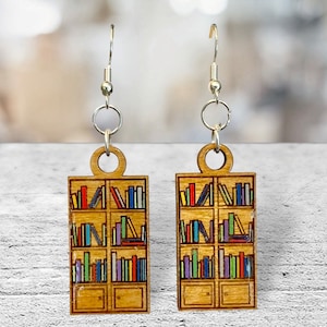 Book Lovers Bookcase Library Wood and Sterling Silver Earrings