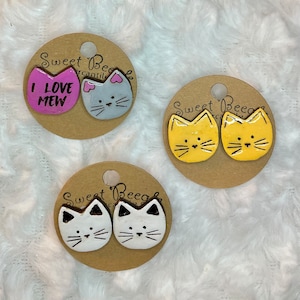 Hand-Painted Wood Kitty Cat Stud Earrings: Stainless Steel Hardware