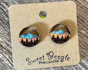 Mountain Sunset Stud Earrings - Engraved Wood and Stainless Steel Hardware