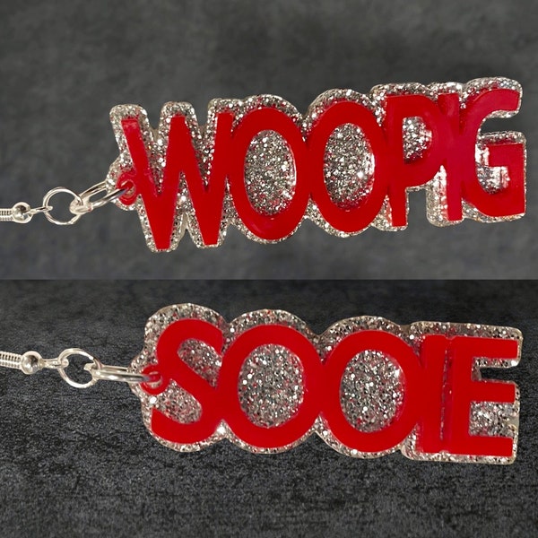 Small Arkansas Razorbacks Woo Pig Sooie Dangle Earrings - Sparkly! - Lightweight Acrylic with Sterling Silver Hardware