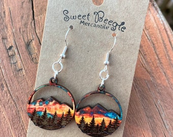 Mountain Sunset Earrings - Hardwood and Sterling Silver