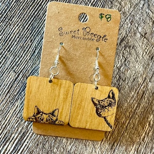 Peeking Kitty Cat Engraved Wooden Earrings - Sterling Silver Hardware