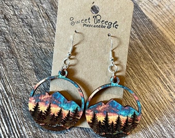 Mountain Sunset Earrings - 1.5” Diameter - Engraved Wood and Sterling Silver