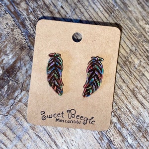 Prismatic Feathers Stud Earrings - Engraved Wood and Hypoallergenic Stainless Steel Posts