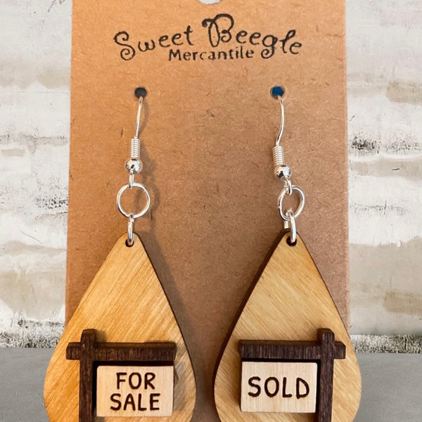 Realtor Real Estate Earrings For Sale Sold Signs - Sterling Silver and Engraved Birchwood