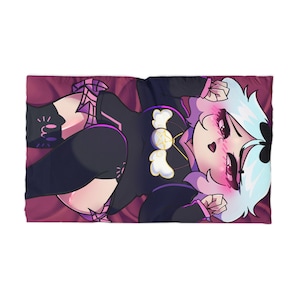 May include: A rectangular blanket with a digital print of an anime-style character. The character has light blue hair and pink blush, wearing a black outfit with purple accents and a gold emblem. The background is a deep red.