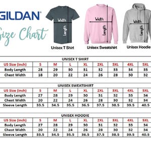 May include: Size chart for unisex t-shirts, sweatshirts, and hoodies. The chart shows measurements in inches for body length, chest width, and sleeve length. Sizes range from S to 5XL.