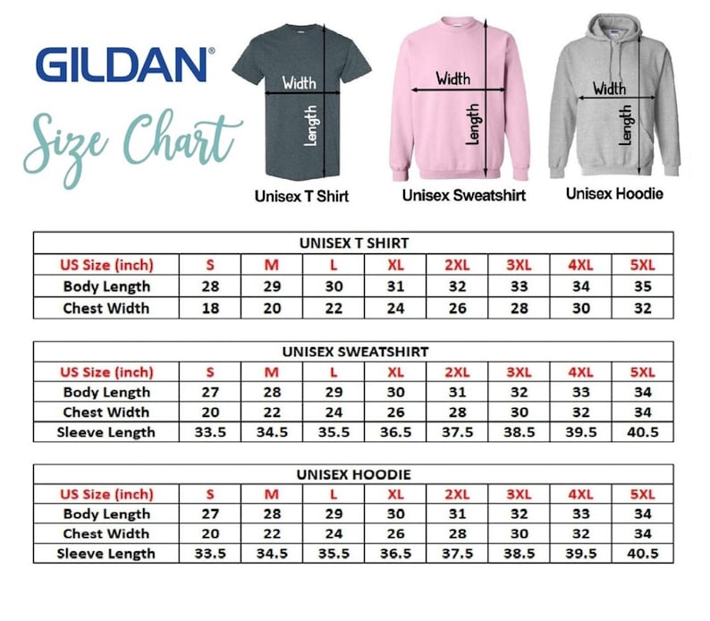 May include: Size chart for unisex t-shirts, sweatshirts, and hoodies. The chart shows measurements in inches for body length, chest width, and sleeve length. Sizes range from S to 5XL.