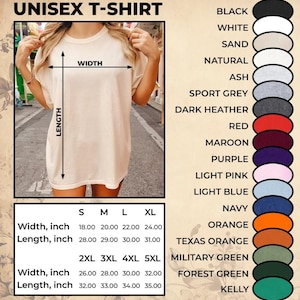 May include: A beige unisex t-shirt with size and color options. The shirt's width ranges from 18 to 32 inches, and the length varies from 28 to 35 inches. Color choices include black, white, and navy.