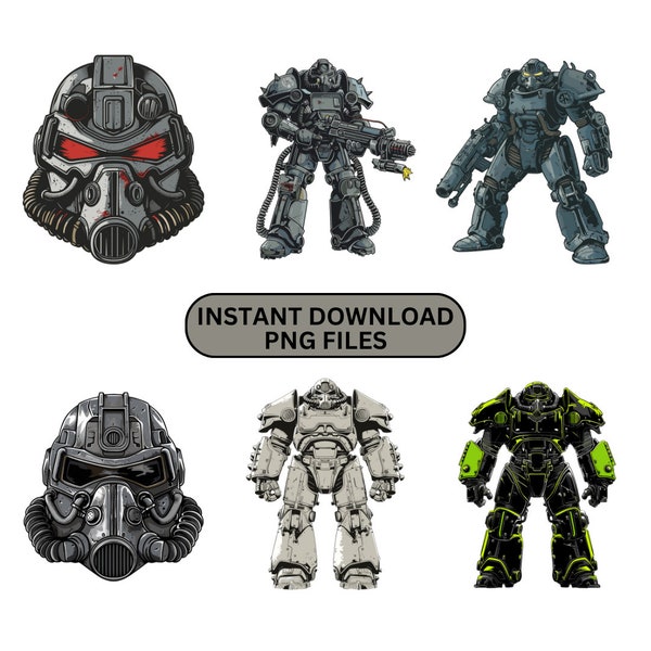 Fallout Power Armor Bundle - Digital Downloads, Post apocalyptic soldier, Printable, Clipart, Cut Files, Gaming PNG, Transparent Background