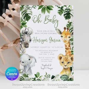 Invito per baby shower con animali da safari, invito per baby shower con animali da safari nella giungla, modello di invito per baby shower con animali da safari nel verde #SSC_00018