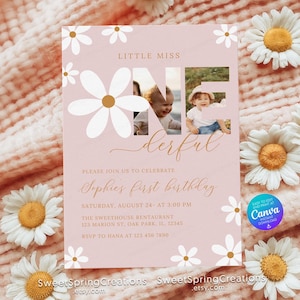 Modello di invito per la festa del primo compleanno di Daisy, invito Boho Daisy con foto, invito per il primo compleanno di Daisy retrò SSC_00154