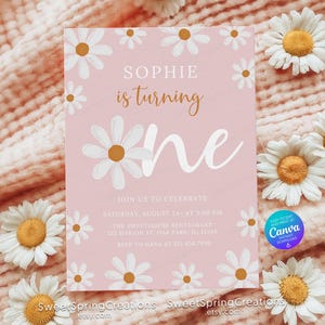 Modello di invito per la festa del primo compleanno di Daisy, invito Boho Daisy, margherite rosa, invito retrò per il primo compleanno di Daisy SSC_00153