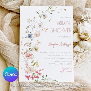 Modelo de convite para chá de panela com flores silvestres, convite para chá de panela com flores da primavera, convite para chá de panela com flores silvestres, chá de panela boho BR_05