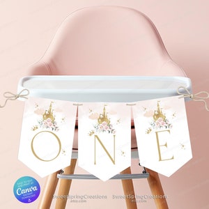Princess 1st Birthday High Chair Banner Template, One-ce Upon a Time High Chair Pennant, Princess Castle ONE Banner Party Decor SSC_00070