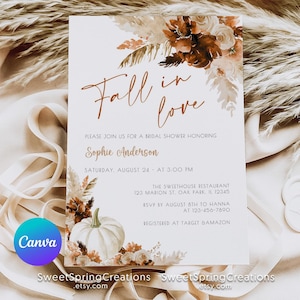 Burnt Orange Boho Fall in Love Bridal Shower Invitation Template, Pumpkins and Boho Pampas Grass, Fall Autumn Florals #SSC_00020