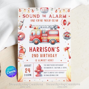 以下が含まれることがあります： 水彩画風の誕生日招待状で、中央には赤と黄色の消防車が描かれています。招待状はハリソンの2歳の誕生日パーティー用で、8月24日午後2時にスウィートハウスレストランで開催されます。招待状には、消火栓、斧、火災報知機も描かれています。