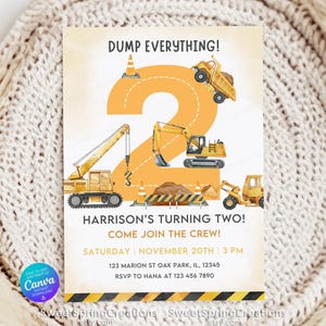 Construction Birthday Invitation, Dump Truck Birthday Invite, 2nd Birthday Construction Invitation template Instant download SSC_00177