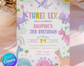 EDITABLE Pastel Girl Three Rex Party Dinosaur Birthday Invitation Template: Dino Pink SSC_00244