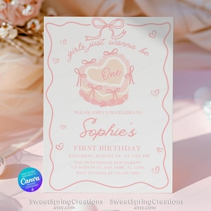 Girls Just Wanna Be One Invite, Pink Girl 1st Birthday Invite, Retro Preppy Vintage Cake Bow Girls 1st Birthday invitation SSC_00186