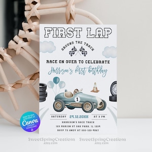 Editable  Fast One First Lap Vintage Race Car First Birthday Invitation Template SSC_00167