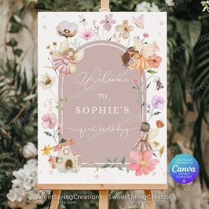 Muted Blush Boho Wildflower Fairy 1st Birthday Welcome Sign Template, Enchanted Fairy First Birthday Garden Party Decor SSC_00030