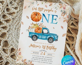 EDITABLE Our Little Pumpkin Is Turning One Blue Truck First Birthday Invitation Template SSC_00036