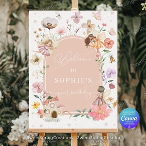 Blush Pink Boho Wildflower Fairy 1st Birthday Welcome Sign Template, Enchanted Fairy First Birthday Garden Party Decor SSC_00030-2