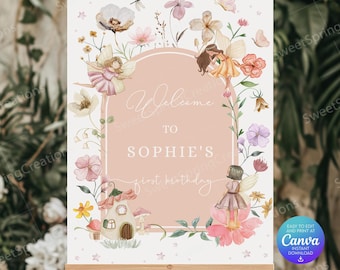 Blush Pink Boho Wildflower Fairy 1st Birthday Welcome Sign Template, Enchanted Fairy First Birthday Garden Party Decor SSC_00030-2